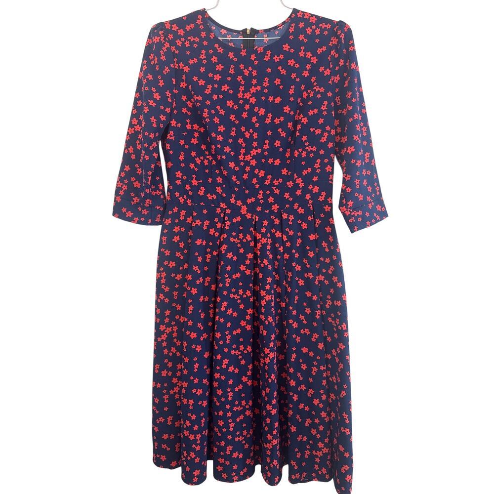 Navy and Red Floral Midi 3/4 Sleeves Flowy Dress Women's Size Large L